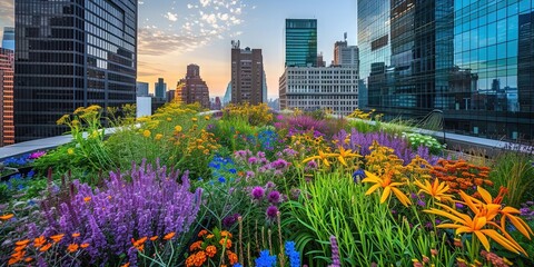 Rooftop garden with colorful plants and city skyscrapers in the background