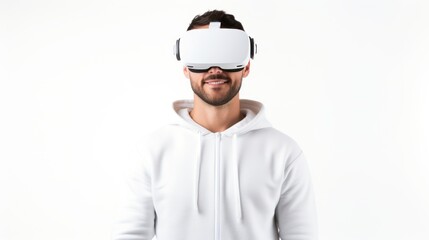 A young man using VR glasses, happy, Isolated on a white background studio portrait. VR, future, gadgets, technology,