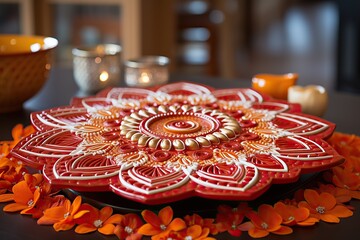 A table centerpiece of a red and white rangoli design brings a festive warmth to the intimate setting