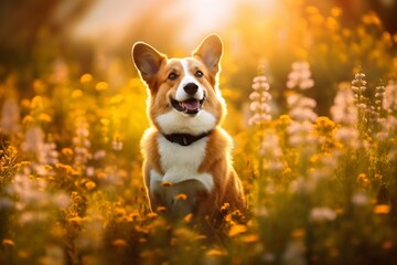 Pembroke welsh corgi dog sitting in meadow field surrounded by vibrant wildflowers and grass on sunny day ai generated