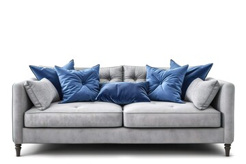 Grey sofa and blue pillows isolated with clipping mask.