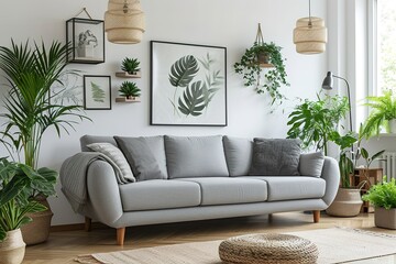 Grey sofa between cabinets with plants in white living room interior with lamps and poster. Real photo.