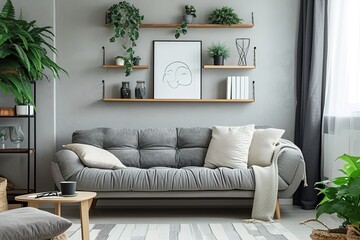 Grey sofa with plaid and shelving unit near light wall.