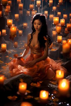 An ethereal image of a Korean model surrounded by floating lanterns, creating a magical and romantic atmosphere.