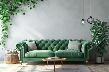 Home interior mock-up with green sofa, table and decor in living room, 3d render.