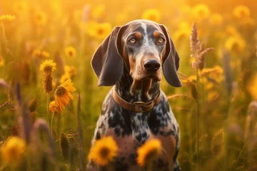 Papier Peint photo Lavable Prairie, marais Bluetick coonhound dog sitting in meadow field surrounded by vibrant wildflowers and grass on sunny day ai generated