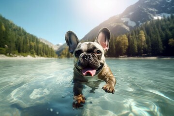 French bulldog playing in lake with mountains in the background AI Generated - obrazy, fototapety, plakaty