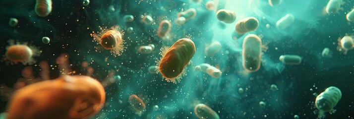 Microorganisms like bacteria and viruses depicted in this concept for microbiology and the human genome - obrazy, fototapety, plakaty