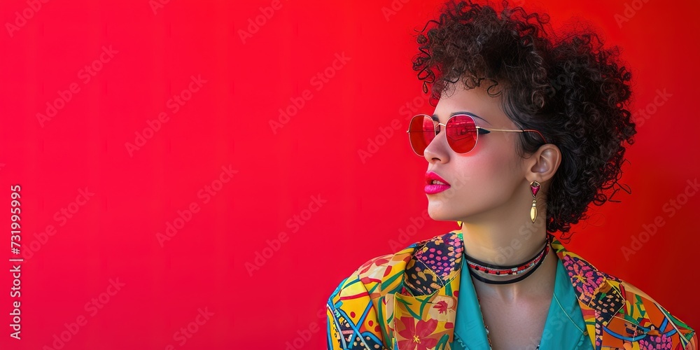 Wall mural Retro 1990s fashion with colorful clothing. Model standing on blank background with copy space