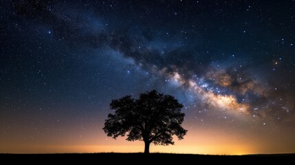 Fototapeta na wymiar Majestic night sky with the Milky Way galaxy arching over a lone tree in an open field.