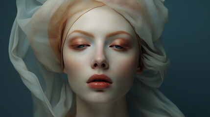 Beautiful Red Hair women model make up with pale face and orange tone lipstic mood