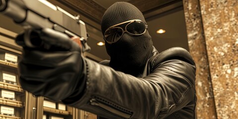 Robbery concept with armed thieves wearing masks ready to steal. Bank robbery and home invasion security concepy=t