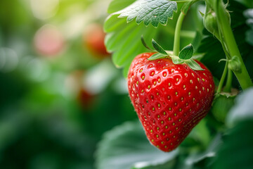Close-up Fresh and Delicious Red Strawberry on plants in garden. Beginning Of Summer Season. Sunny day outdoor for harvesting organic food.