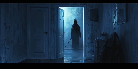 Mysterious figure standing in the shadows of  open bedroom door during home invasion - obrazy, fototapety, plakaty
