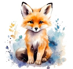 Cute Watercolor Fox On White Background