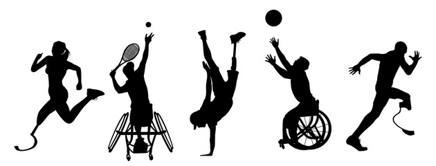 Silhouettes of diverse sport people with disabilities. Athletes with prosthetic legs, in wheelchairs participating in competition, running, playing tennis, basketball. Vector illustration isolated. - obrazy, fototapety, plakaty