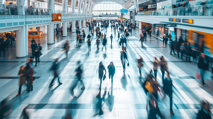 Obraz premium Busy Airport Terminal with Blurred Motion. Abstract colorful light trails emphasizing movement