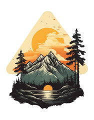Abstract Vintage Design with Mountain, Sun,  Pine Tree for Print. Camping Vector Artwork for Sticker, Poster, Background  - obrazy, fototapety, plakaty