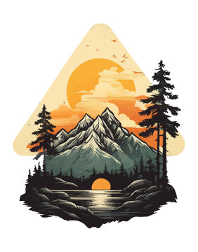 Abstract Vintage Design with Mountain, Sun,  Pine Tree for Print. Camping Vector Artwork for Sticker, Poster, Background 