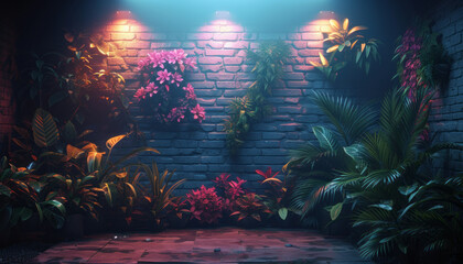 Fototapeta premium Night jungle with glowing neon ,generative ai.