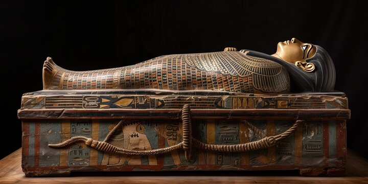 Egyptian sarcophagus with pharaoh inside his tomb 