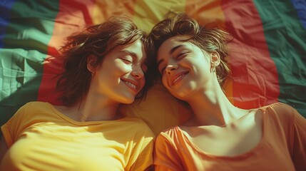 Naklejka premium Two lesbian women in celebration of LGBT gay pride month, with the pride flag