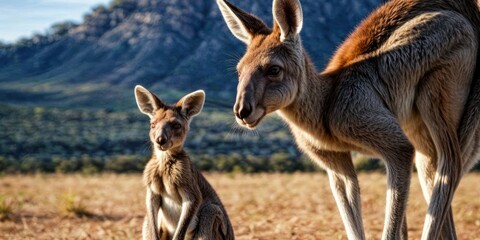 a close up of a kangaroo and a baby kangaroo in a field with a mountain in the backgroud.