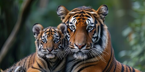 Mother tiger with baby cub. Parenting concept in the animal kingdom