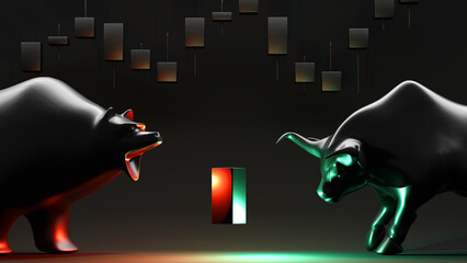 concept of stock market exchange or financial analysis,bull and bear with futuristic element, 3d render