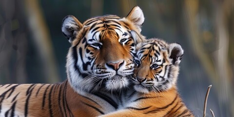 Obraz premium Mother tiger with baby cub. Parenting concept in the animal kingdom