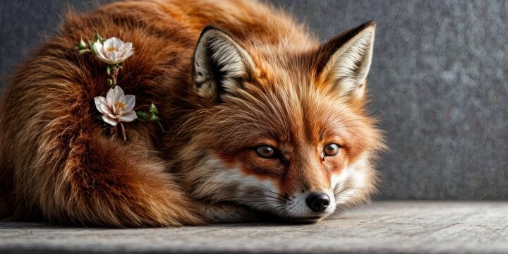 a close up of a fox laying on the ground with a flower in it's hair and looking at the camera.
