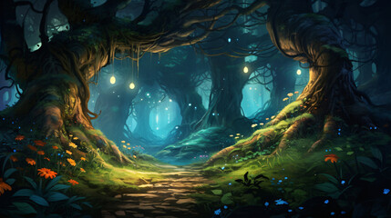 Fototapeta na wymiar A beautiful fairytale enchanted forest with big trees