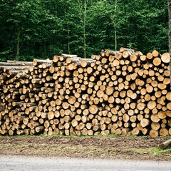 A pile of felled trees. Preparation of firewood. Generative AI