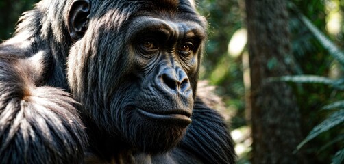 Obraz premium a close up of a gorilla looking at the camera with trees in the back ground and foliage in the background.
