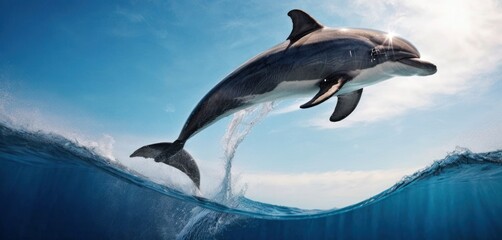 Fototapeta premium a dolphin jumping out of the water with its mouth open and it's head above the water's surface.
