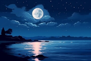 Night ocean landscape with full moon in the sky illustration AI Generated