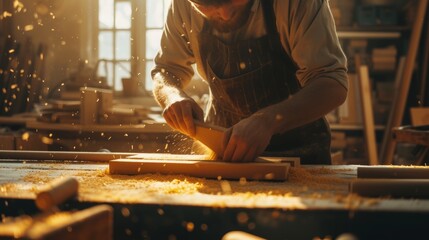 Artisan woodworker planes a piece of wood, with flying shavings illuminated by sunlight in his workshop.