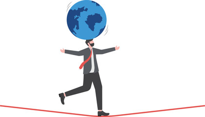Fototapeta premium Geopolitical risk, world leader conflict, war and invasion danger causing economic and investment risk, nuclear war tension concept, businessman leader acrobat try to balance world globe on his head. 