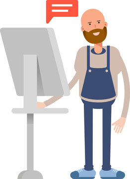 Male Barista Character Working on Computer
