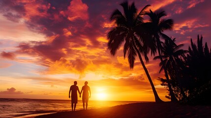 Fototapeta na wymiar Romantic Embrace Palm Trees and Sunset Dreams