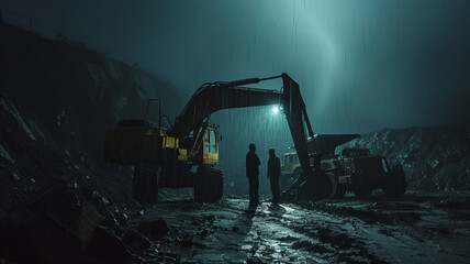 Mining engineers discuss at site with excavator and truck parked in rainy night, industry background.generative ai