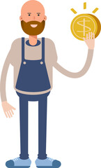 Male Barista Character Holding Dollar Coin
