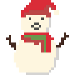 Cute snowman with hat and scarf, Christmas ornament, pixel art style, festive theme of winter, Holiday party vibe, simple illustration.
