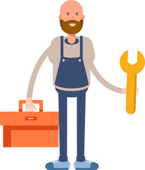 Male Barista Character Holding Toolbox and Wrench
