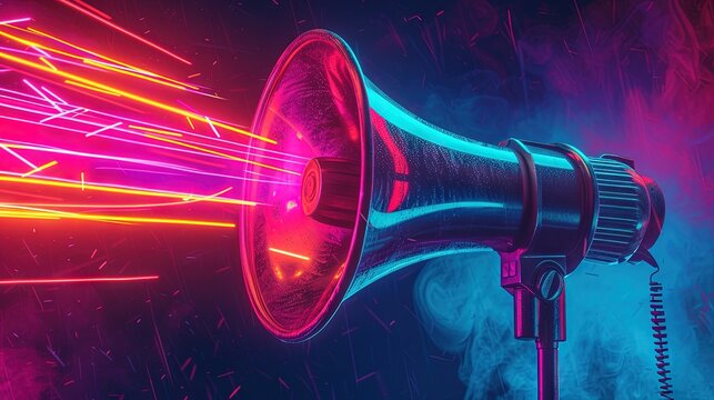 Neon lit megaphone for marketing, SEO, social media, and public relations concept