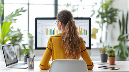 woman working on laptop, Business analysis, intelligence using data-driven insights, financial management, decision-making tools, enterprise strategy development, Ai generated image