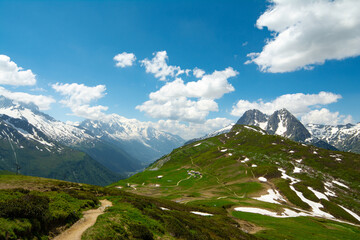 Picturesque panoramic view of the snowy Alps mountains and meadows while hiking Tour du Mont Blanc....
