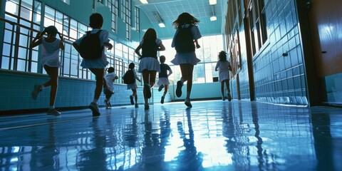 Floor level view of children running in a school hallway.