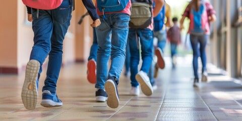 Floor level view of children running in a school hallway.
