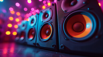 speaker on a blue background, Disco party vibe Colorful speakers in the background creating excitement, Electrifying Night A Black, Pink, Blue, and Yellow Music Party Speakers, Ai generated image